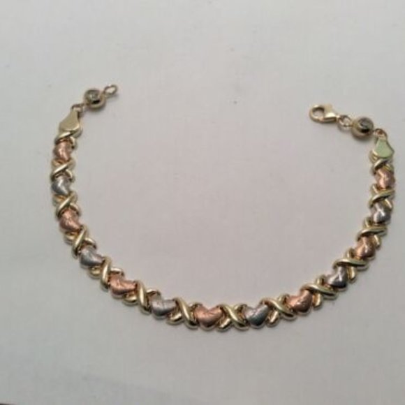 Lady 14k Tri-Color REAL Solid Gold XO Hearts and Kisses Cz Bracelet 7 1/4'' 5.3g - Picture 4 of 8